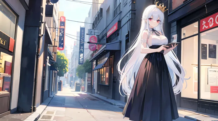  Delicate Eyes ），（Clear and beautiful eyes：1.61）， masterpiece，（ black clothes in front of the store）， long white hair ，Good Hand， full-body photo ，Light Blue，（ red eyes：1.466），short，（ very big breasts：1.35），（ pretty face ），（ full-body photo ：1.33），Beautifu...