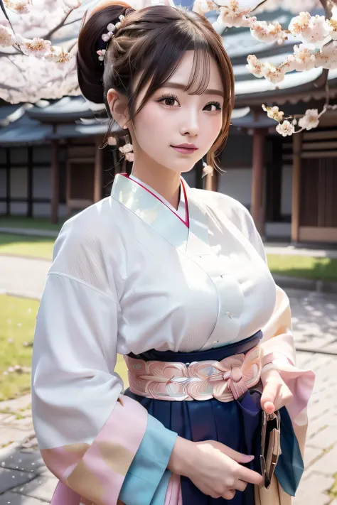 (University Buildings :1.3),(Cherry blossom trees:1.3),(Cherry blossom petals fluttering all over the sky ),(Hakama:1.7),(Graduation Ceremony,celebrate,smile, girl,Padded breasts that look good with hakama ,),( floral hair ornament,Floral braided top knot,...