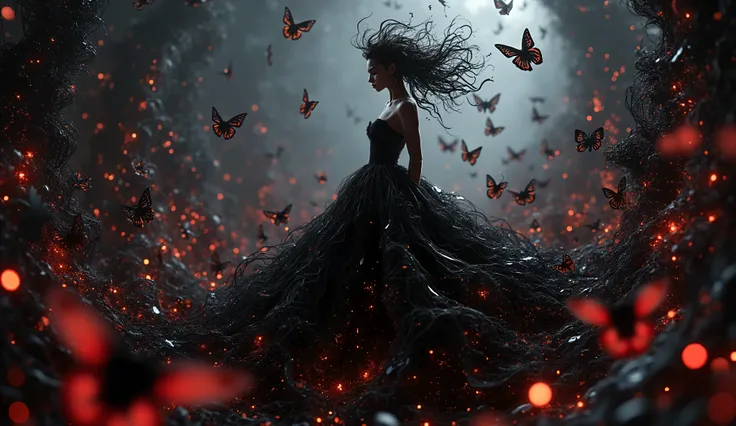 A stunning Pixar 3D rendering in the style of Pete Docter showing an elegant woman whose magnificent dark dress transforms into black butterflies mathematical waves, her gown seamlessly merging with an abstract environment through precise function-based pa...