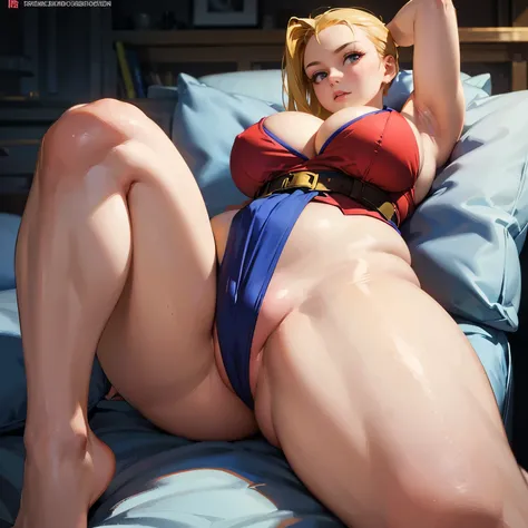 COSPLAY girl，dress up like Cammy White from street fighter，open her legs， Young girl ，Full figure，  waist 100 cm or more  ，Thick Legs， plump thighs ， Fleshy thighs ， Fleshy Thighs ,messy curve hairstyle， beautiful woman ， permanent ，Long Legs，whole body,8k...