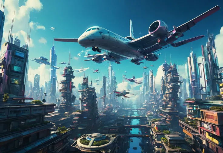  picture of a city with airplanes flying over the sky, Cyberpunk art inspired by Beeple, CG Societyでトレンド,  retrofuturism , Steampunk cityscape ,  futuristic cityscapes, Futuristic painting, photo of  futuristic cityscapes,  fantasy style cityscape, Future ...