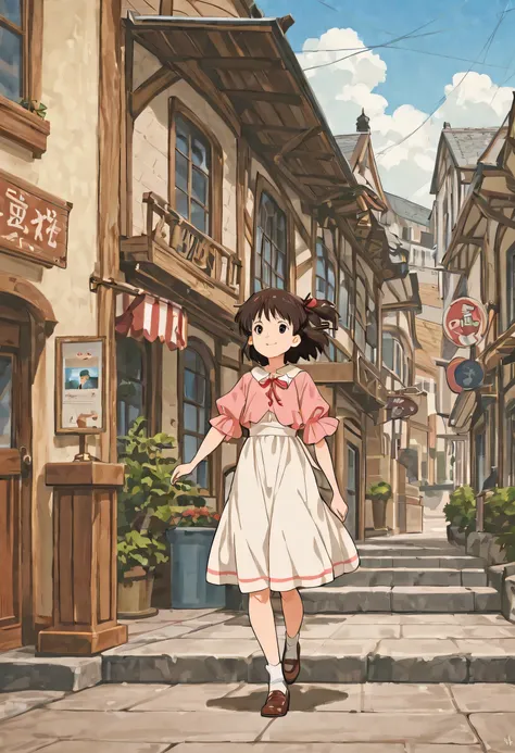  Studio Ghibli Style Animated Film 、 movie stills、 top quality、Ultra-compact、8k、In a mysterious town 　A girl is walking around town　 The area around {x} is lined with shops and houses　