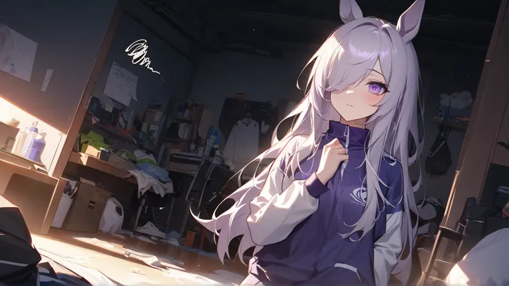 best quality, aesthetic, detailed, by ziyun, 1girl, rice shower, hair over one eye, long hair, horse ears, purple eyes, squiggle, sportswear, detailed face, dark room messy room, shadow dim light, rim lighting 