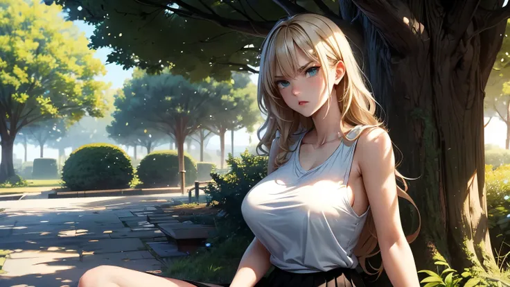  a slender 25-year-old girl with curly blond hair that reaches her shoulders,  green eyes,  light blue sleeveless t-shirt , a black skirt and big breasts, She is sitting under a tree in a square, She is very angry.