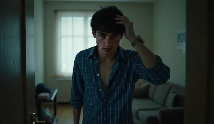 A cinematic shot of a young man in the same dimly lit apartment, now the focus of the scene. He is wearing a blue checkered shirt, slightly unbuttoned at the top, his sleeves loosely rolled up. His expression is tense, his brows furrowed, and his eyes fill...