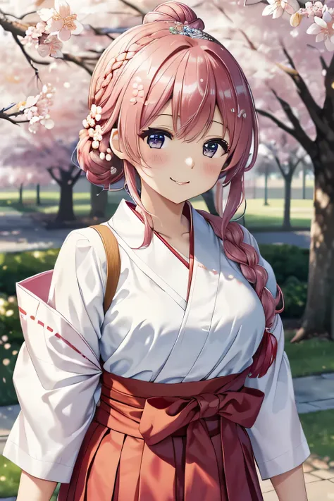 (University Buildings :1.3),(Cherry Tree:1.3),( padded chest to match hakama  ),( similarly :1.7),( Graduation Ceremony,celebrate,smile,  girl, intricately detailed  ,),(  Floral hair ornament,Floral braided top knot,  cover chest  ,  voluminous fishtail b...