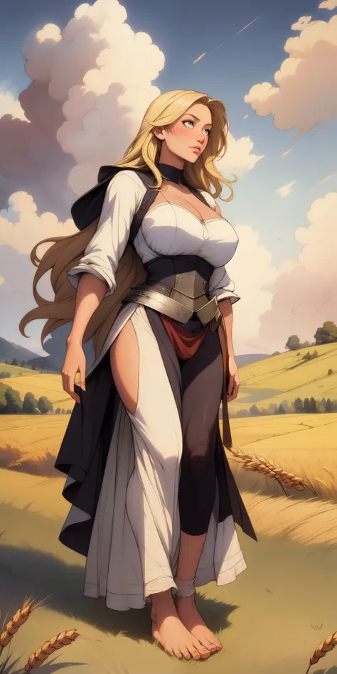 stunning painting of a knight with blonde hair, wheat field, epic clouds ((painterly)) ((impressionist)) vibrant, soft edges (((warm glow))) full body whole body view from below 1sologirl, feet together