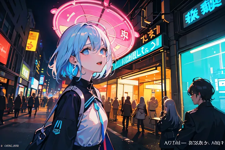 ( masterpiece,   top quality,   top quality,   Official Art,   beautiful 、Sophisticated:1.2), ( One girl's :1.3),   very well detailed,(  fractal art :1.1),(  colorful :1.1), highest resolution , (  Streetscape shining blue against a neon light background ...