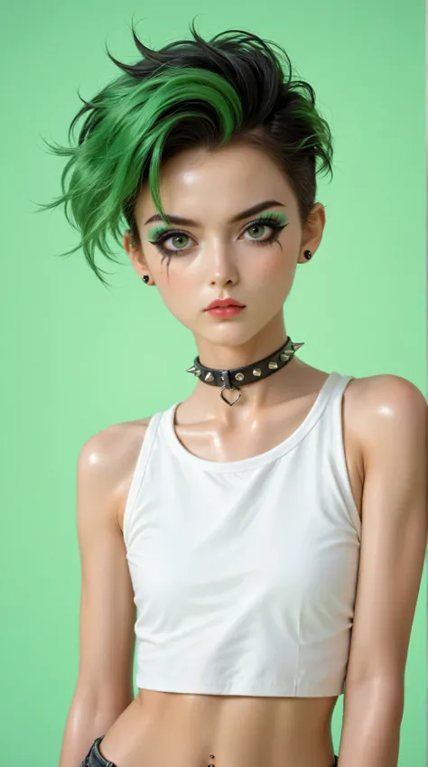 young korean goth girl, snapshot aesthetic, light black, greens, blacks, and whites, chinapunk, slender, karencore, high details, shadow, in motion, film still, kizi, clean background, black background, white background, green background, metallics, green ...