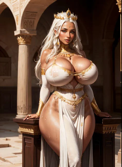 (masterpiece, best quality, perfect face, realistic, (beautiful and aesthetic:1.2), extremely detailed, highest detailed face), (beautiful voluptuous desert queen, mature women, (dark brown skin:1.5), (flowing white hair:1.3), huge breasts, wide hips, narr...