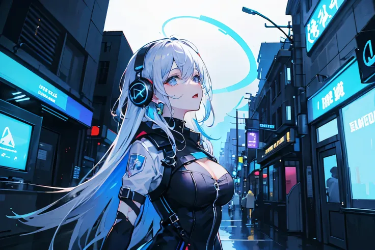 ( masterpiece,   top quality,   top quality,   Official Art,   beautiful 、Sophisticated:1.2), ( One girl's :1.3),   very well detailed,(  fractal art :1.1),(  colorful :1.1), highest resolution , (  Streetscape shining blue against a neon light background ...