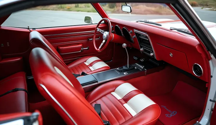 A interior view photo of a modified (1968 Chevrolet Camaro) Red white interior view 4k