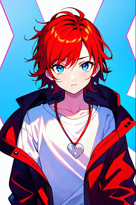 [(WHITE BACKGROUND:1.5),::5], ((((masterpiece)))), high quality, ultra_very_high_resolution, large_filesize, full color, (((solo))), ((little younger boy)), ((red color short hair)), blue eyes, anime, upper body, neon light, black parka, upperbody,