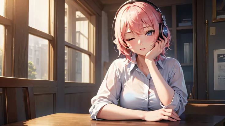 Book cafe background （ portrait photo）、A blond girl with headphones sitting on her side 。 eyes closed、 listening to music with elbows on table and hands on chin、One person、A girl with headphones is sitting、 Shortcut Hair 、 Pink Hair （ Pink Hair ）、、Eyes of ...