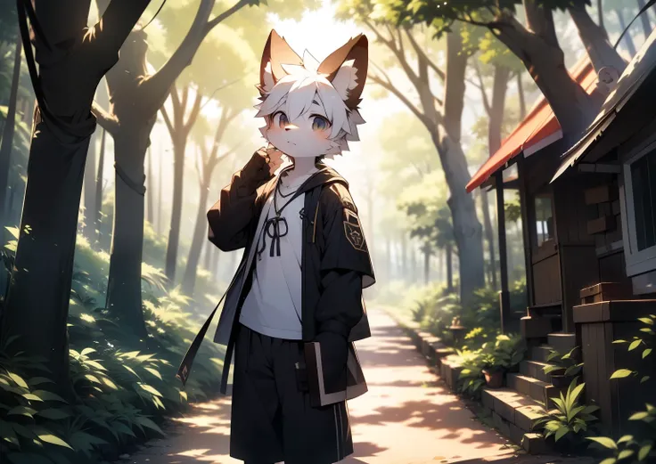 Libido boy， shaggy wolf，(( Shota)), Black and white hair, Very good figure,  handsome， adorable by design, light： Extreme light and shadow ,  reflective skin  ,Reddish skin，((Old clothes，civilian)) ，((Deep in the forest，Stone Path，sign，solo， For one person...