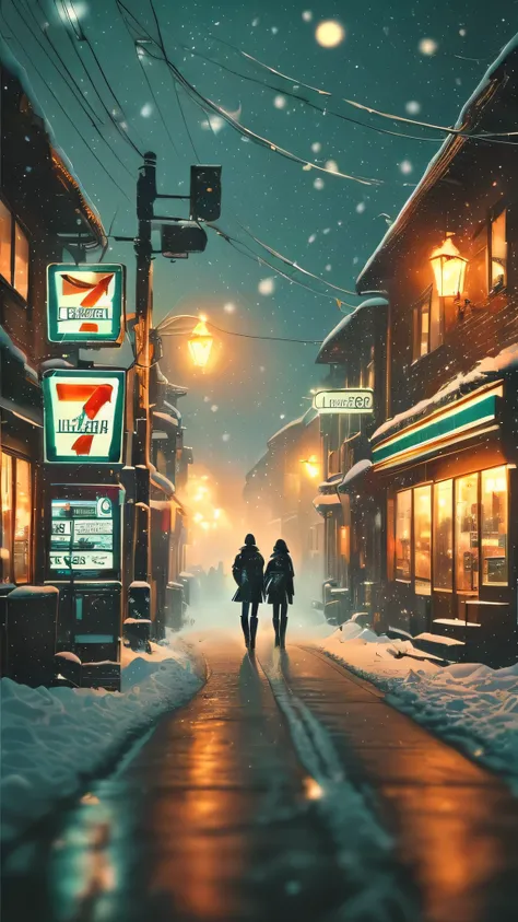 Snowy Night scene of two people walking down a street in a town, by alena aenami, inspired by alena aenami,   Beeple and Tim Hildebrandt  , A nostalgic and melancholic piece, ((( The wearing a shiny black long leather trench coat))),((( The wearing shiny b...