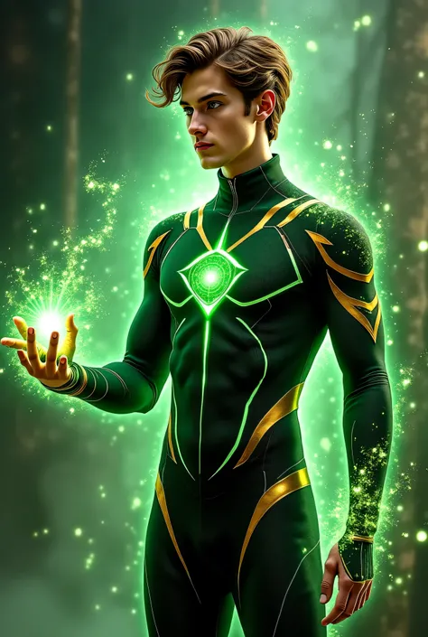 “Full Body. A Psychic-powered 25-year-old  Caucasian male Warlock in a Green and black body-conforming outfit with gold and green metal details. Creating magic spheres around his hands. Holographic green magic with sparkling gold inclusions aura. Short, Wa...