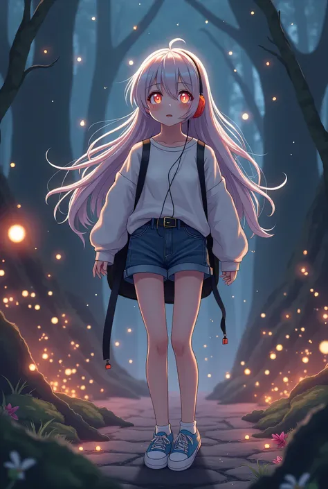 I want to create an anime-style character listening to music in a forest illuminated by animated fireflies 