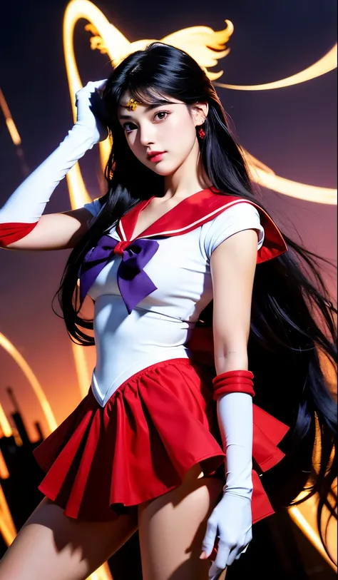 1girl,long hair, (high quality,8k,black hair, realistic, best quality,masterpiece,ultra detailed, absurdres)1.5,((sama1, tiara, sailor senshi uniform, white gloves, red sailor collar, red skirt)),night city,white gloves,Purple Bow,Purple eye, (magic world,...