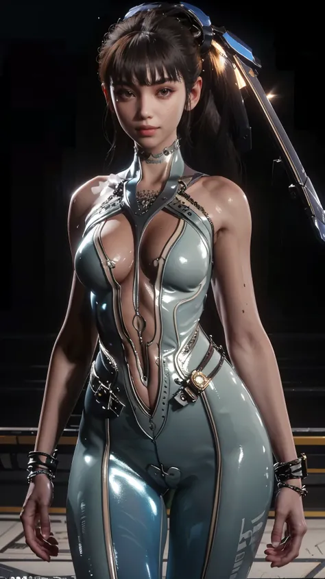 a beautiful young woman with long brown hair, Eve (Stellar Blade), wearing a tight underboob t-shirt and latex leggings, flaunting her perfect hourglass figure, slim waist, sexy curves, beautiful smile, 8k, ultra-detailed, realistic, photorealistic, master...