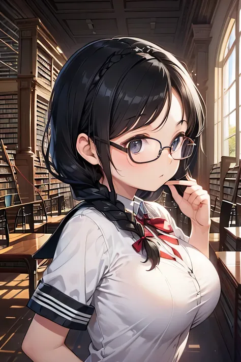 ((((Petite:1.5)))),,(black hair:1.5),(braid hair:1.5),(big breasts:1.5),
(school library:1.5),(wear glasses:1.5)