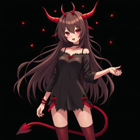 Anime-style girl long messy brown hair , red eyes and red horns and red tail wine and torn clothes black background