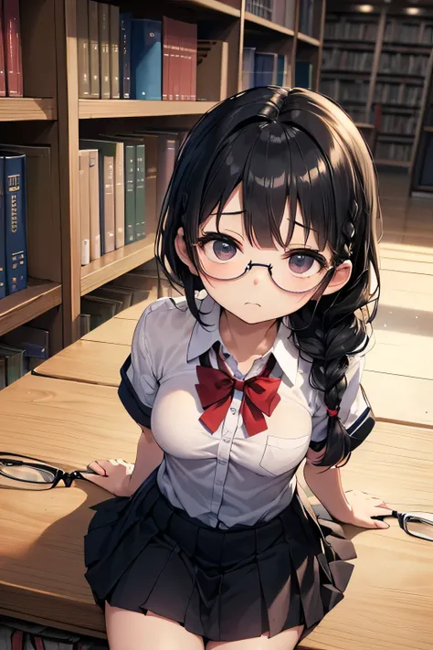 ((((Petite:1.5)))),,(black hair:1.5),(braid hair:1.5),(big breasts),,(shyness:1.5),
(school library:1.5),(wear glasses:1.5)