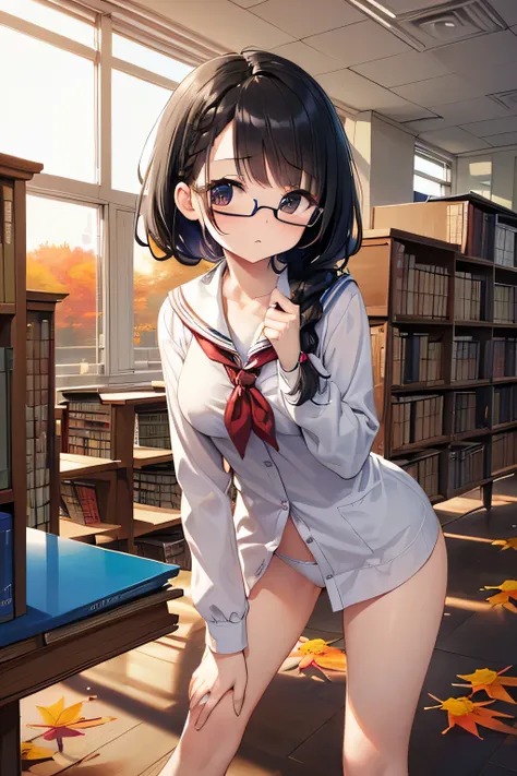 ((((Petite:1.5)))),,(black hair:1.5),(braid hair:1.5),(big breasts),,(shyness:1.5),
(school library:1.5),white pantyshot,white panties shot,(fall down:1.5)
,(wear glasses:1.5)