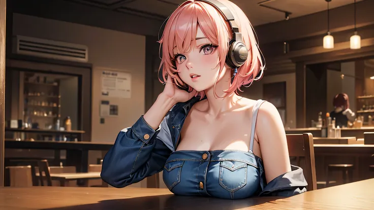 Realistic pictures of cute Korean women , light makeup,  medium size boobs,  Book cafe background （ portrait photo）、A blond girl with headphones sitting on her side 、 listening to music with elbows on table and hands on chin、one person、A girl with headphon...