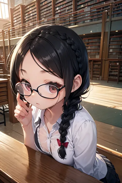 ((((Petite:1.5)))),,(black hair:1.5),(braid hair:1.5),(big breasts),
(school library:1.5),,(fell over:1.5),(wear glasses:1.5)