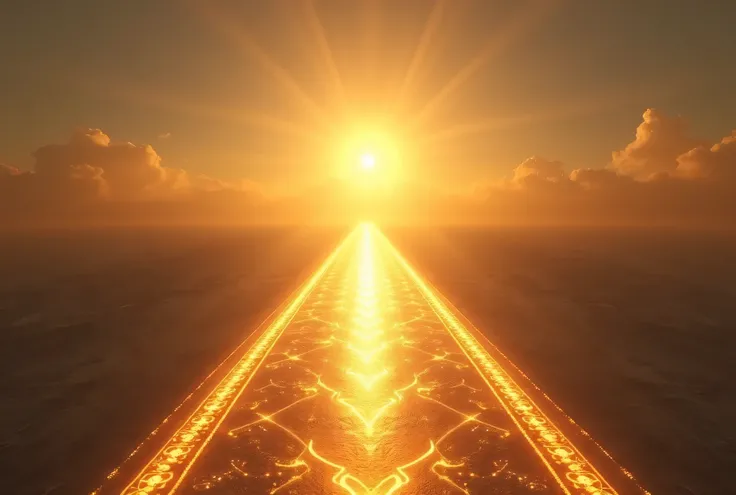 A breathtaking and spiritually symbolic image of *Sirat* in Islam, depicted as a radiant, straight path stretching infinitely into the horizon. The path glows with divine light, symbolizing guidance and righteousness, and is surrounded by an ethereal atmos...