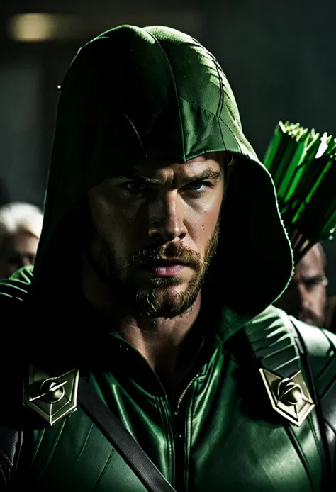 cinematic image of chris hemsworth as Green Arrow live action, Van Dyke beard