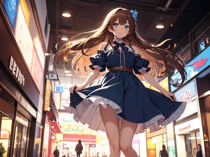 Anime girl character with flowing brown hair, blue eyes  and wearing a dress, with a background mall