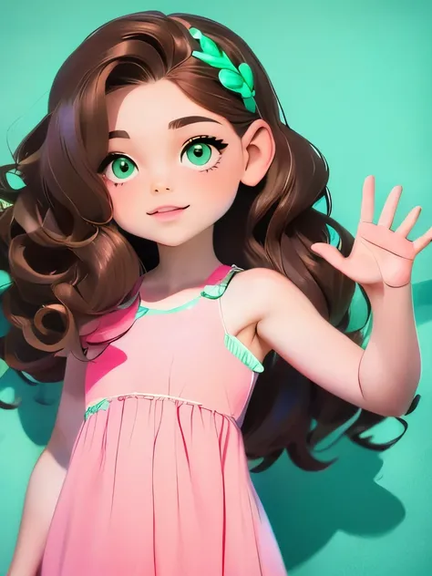 wavy long hair, brown hair, 1girl, emerald eyes, waving with two fingers, pink lips, pastel green dress,