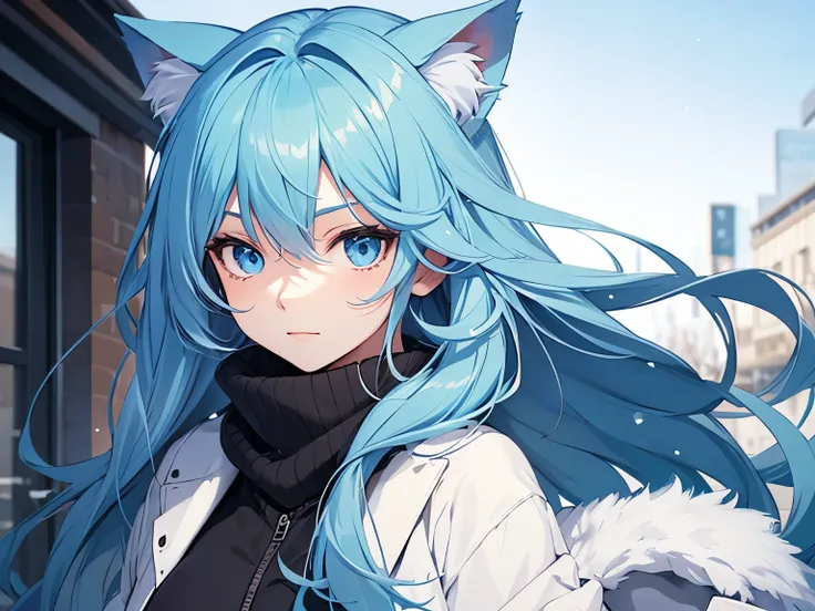 Anime girl character with blue flowing hair, blue eyes with cat ears and wearing a winter dress, with a background