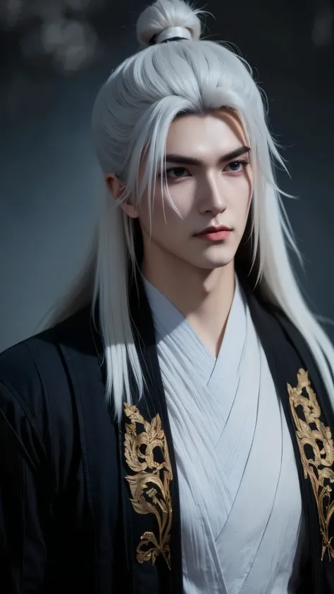 A beautiful portrait of Vuong Lam, exuding a cold, majestic demeanor mixed with a hint of loneliness. His deep, dark blue eyes reflect resilience, experience and an inscrutable inner world, representing a man whose life has been shaped by countless challen...