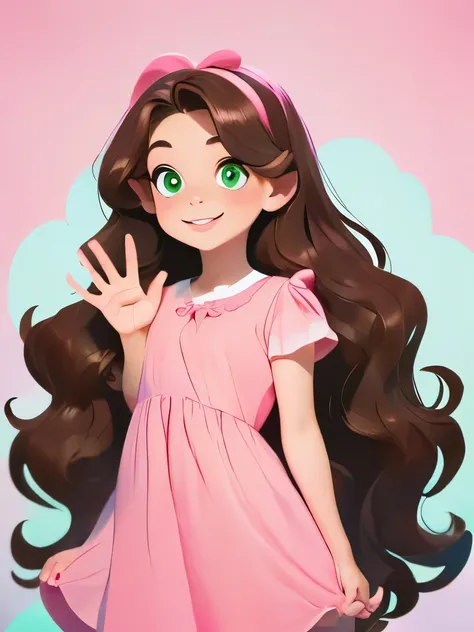 wavy long hair, brown hair, 1girl, emerald eyes, waving with two fingers, pink lips, pastel green dress,