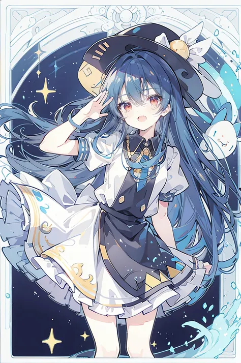 young girl,human nature, Magician Always Smiling , Big Witch Hat ,cute, Dark Blue Long Hair , Eyes Stuck , Heavy Navigation , Thin eyebrows, fantasy,Entry ,double row of teeth, Star Theme  , Constellation pattern , Solid Color Costume Decoration ,cloak, Sl...