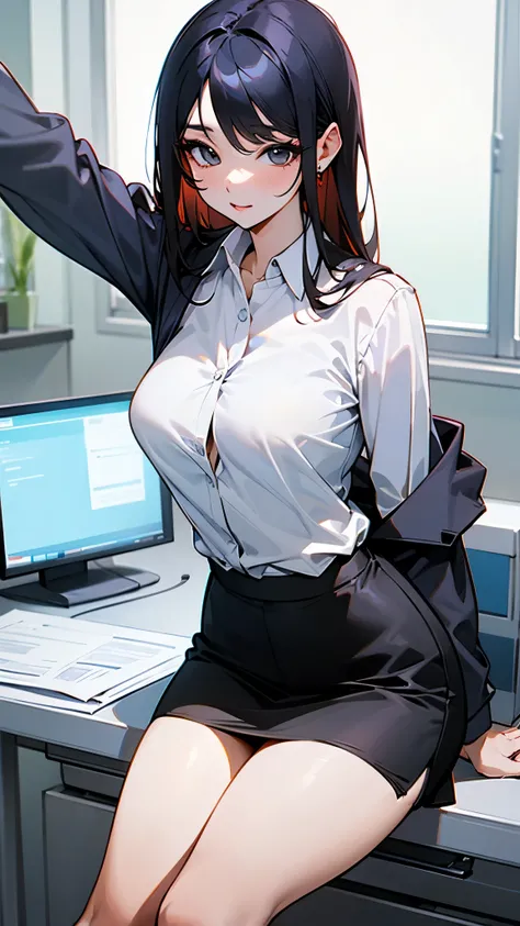 Sexy Korean woman slim with medium breasts in office clothes, a white shirt and a black short skirt