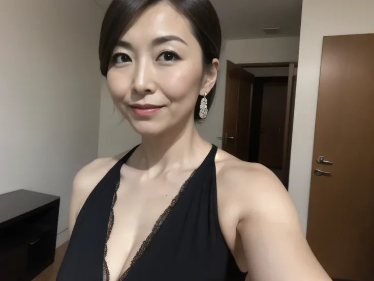 Japanese Mature Woman, solo, age 68, elegant and graceful, long black hair tied in a loose bun, few strands framing her face, deep brown eyes, well-defined cheekbones, slight wrinkles around eyes and lips, soft and full lips, fair smooth skin with a touch ...