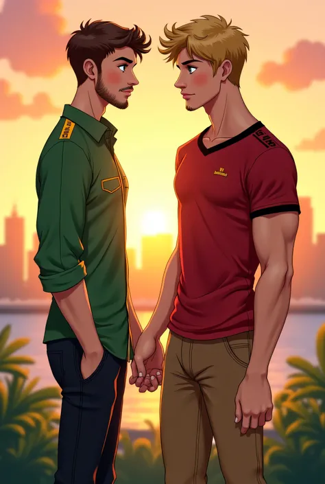 “Full Body Character Art. A 25-year-old shorter Caucasian male in a Green shirt with gold accents and skin-tight black pants. Short, Messy, light brown colored hair. Brown eyes. Skinny, slim, toned build. Trimmed short beard. Bubble butt. Beautiful, slim f...