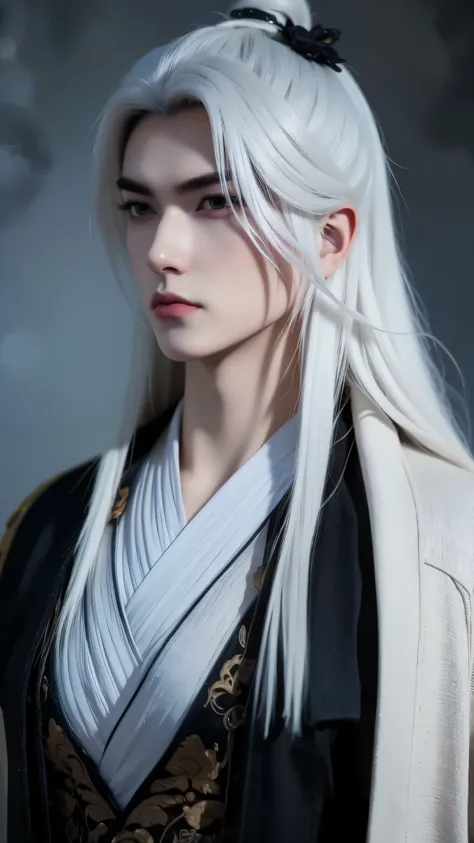 A beautiful portrait of Vuong Lam, exuding a cold, majestic demeanor mixed with a hint of loneliness. His deep, dark blue eyes reflect resilience, experience and an inscrutable inner world, representing a man whose life has been shaped by countless challen...