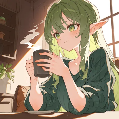 1girl, solo, elf, green hair, green eyes, holding a mug of hot drink, indoors,  (artist:rariatto \(ganguri\):0.4),  (artist:demizu posuka:0.6), artist:morisawa_haruyuki, artist:kurokawa_heuy, artist:yeurei, very awa, masterpiece, best quality, newest, high...