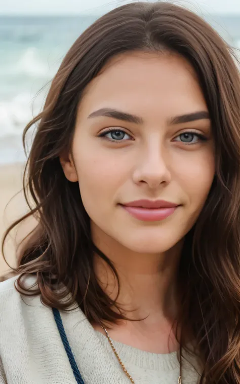 beautiful brunette,  that is wearing a light beige sweater (  Located on the beach ), close up of the face, front view,  very detailed, 21 years old, visage innocent,  Natural wavy hair , blue eyes,  high resolution ,  masterpiece,   rolled up  , \n  intri...