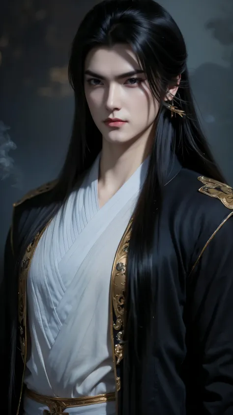A beautiful portrait of Vuong Lam, exuding a cold, majestic demeanor mixed with a hint of loneliness. His deep, dark blue eyes reflect resilience, experience and an inscrutable inner world, representing a man whose life has been shaped by countless challen...