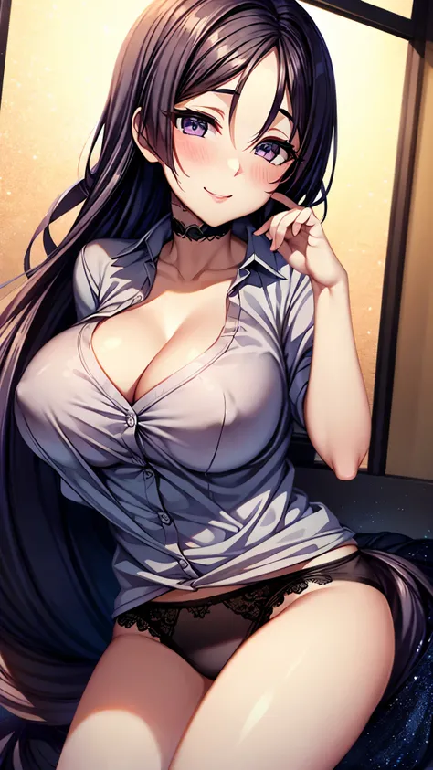 （ Super Quality , Ultra High Resolution,16k,super masterpiece,Ultra HD , detailed shading and background,）sexy older sister, long purple hair,sexy white naked shirt, cleavage, only black panties on the lower body,blush,smile, by the window where you can se...