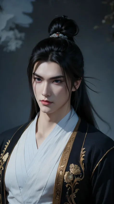 A beautiful portrait of Vuong Lam, exuding a cold, majestic demeanor mixed with a hint of loneliness. His deep, dark blue eyes reflect resilience, experience and an inscrutable inner world, representing a man whose life has been shaped by countless challen...