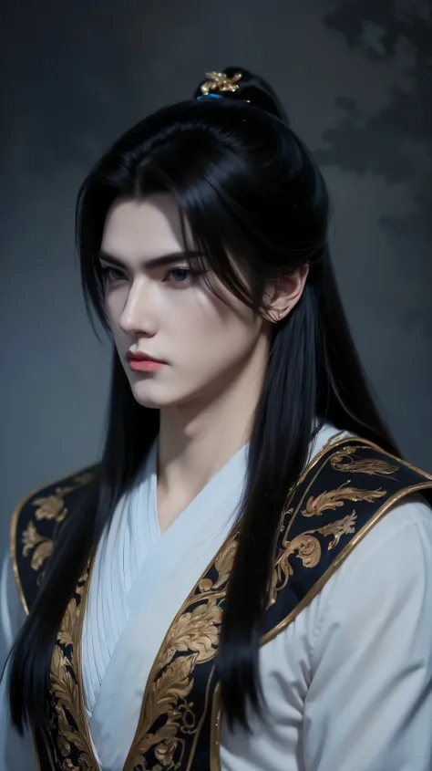 A beautiful portrait of Vuong Lam, exuding a cold, majestic demeanor mixed with a hint of loneliness. His deep, dark blue eyes reflect resilience, experience and an inscrutable inner world, representing a man whose life has been shaped by countless challen...