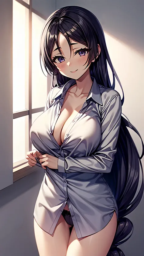 （ Super Quality , Ultra High Resolution,16k,super masterpiece,Ultra HD , detailed shading and background,）sexy older sister, long purple hair,sexy long sleeve white naked shirt, cleavage, only black panties on the lower body,blush,smile, by the window wher...