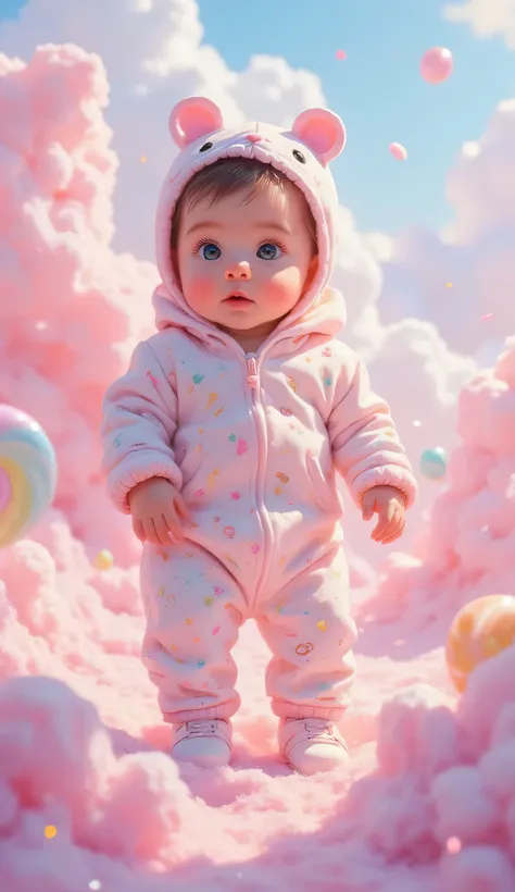 A baby in a pink and white onesie with little donut sprinkles.The background is a dreamy candy land, filled with pastel colors to complement the sweet-themed outfits.